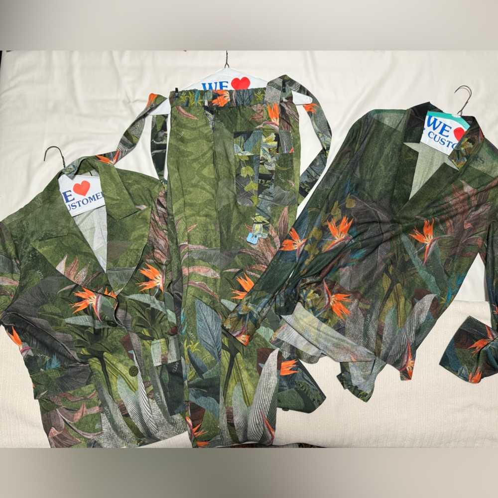 ORTTU Green Tropical Print Suit Set with Orange Accents